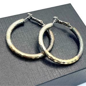 Mixed Metal Textured Round Hoop Earrings 1.5"